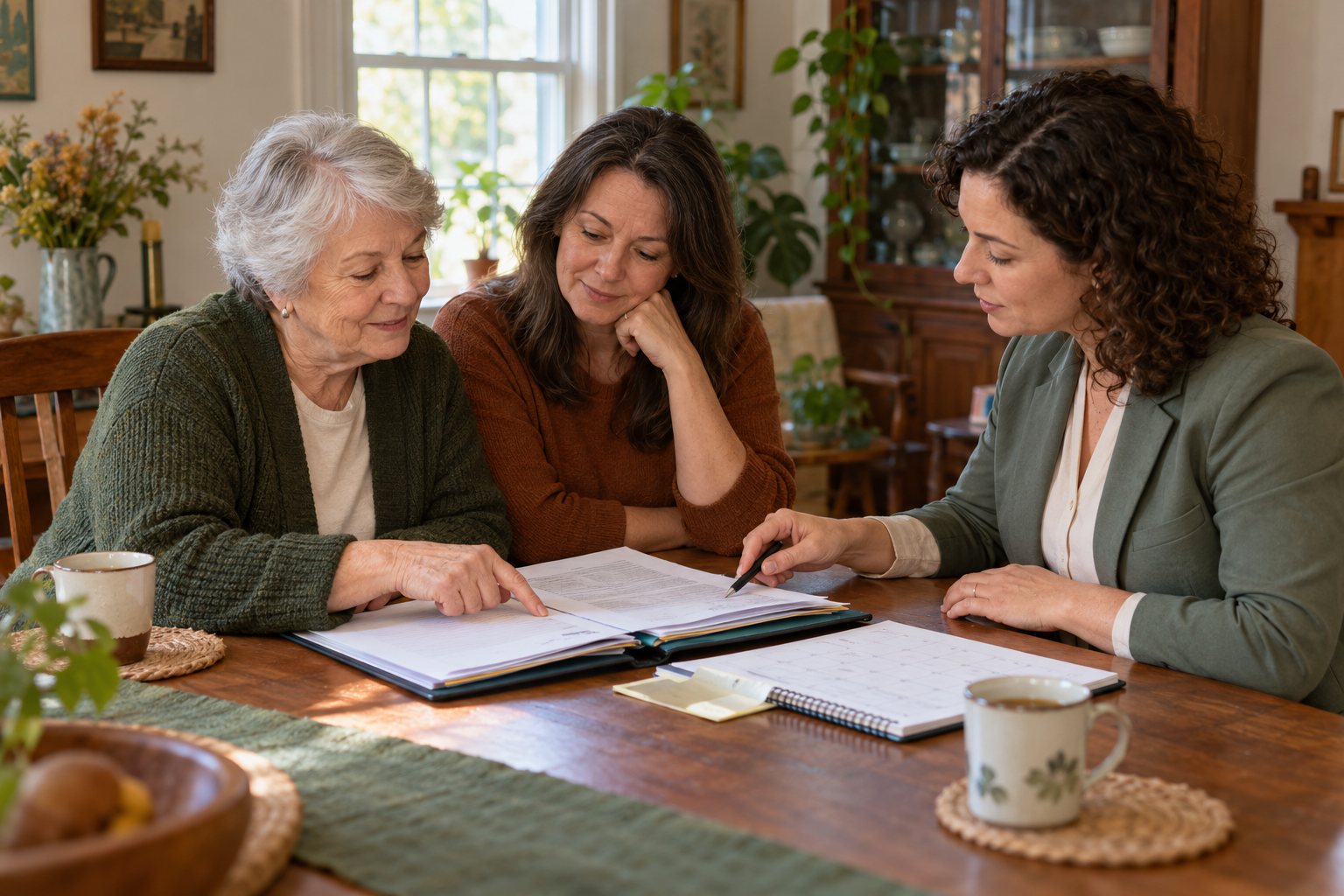 A consultant reviewing a MassHealth application folder with an older woman and family member