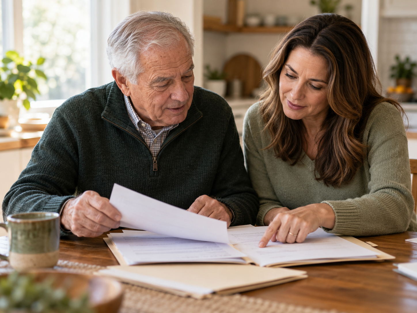 An older man and family member reviewing important long-term care documents